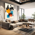 Quadro Decorativo Diálogo Vibrante do Casal | quadros decorativos | Colagem moderna com fotografias preto e branco, formas geométricas azuis, laranja e círculo amarelo em composição vertical. | em Quadros para Escritorio | Porao dos Quadros