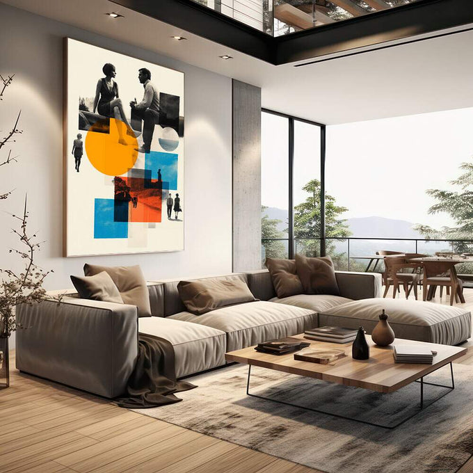 Quadro Decorativo Diálogo Vibrante do Casal | quadros decorativos | Colagem moderna com fotografias preto e branco, formas geométricas azuis, laranja e círculo amarelo em composição vertical. | em Quadros para Escritorio | Porao dos Quadros