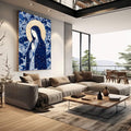Quadro Decorativo Serene Devotion | quadros decorativos | Nossa Senhora com véu azul, auréola dourada e flores brancas ao redor em composição religiosa ilustrativa | em Quadros para Quarto | Porao dos Quadros
