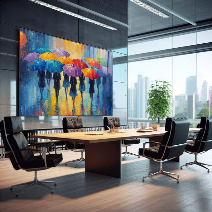 Quadro Decorativo Mulheres Arte Vibrante da Cidade Colorida | quadros decorativos | Silhuetas sob guarda-chuvas coloridos em chuva com tons azuis, laranjas e amarelos. | em Quadros para Escritorio | Porao dos Quadros