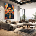 Quadro Decorativo Retrato Estilizado | quadros decorativos | Homem com cartola e bigode em expressionismo vibrante com fundo colorido em azul e laranja | em Quadros para Escritorio | Porao dos Quadros