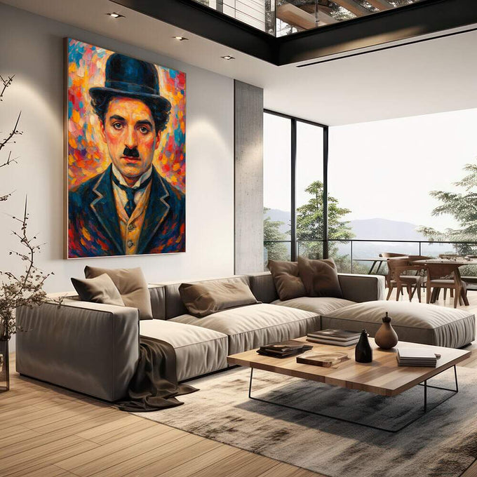 Quadro Decorativo Retrato Estilizado | quadros decorativos | Homem com cartola e bigode em expressionismo vibrante com fundo colorido em azul e laranja | em Quadros para Escritorio | Porao dos Quadros