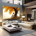 Quadro Decorativo Serenidade em Cores | quadros decorativos | Mulher contemplativa sob árvore com folhas douradas em tons quentes e brancos | em Quadros para Escritorio | Porao dos Quadros