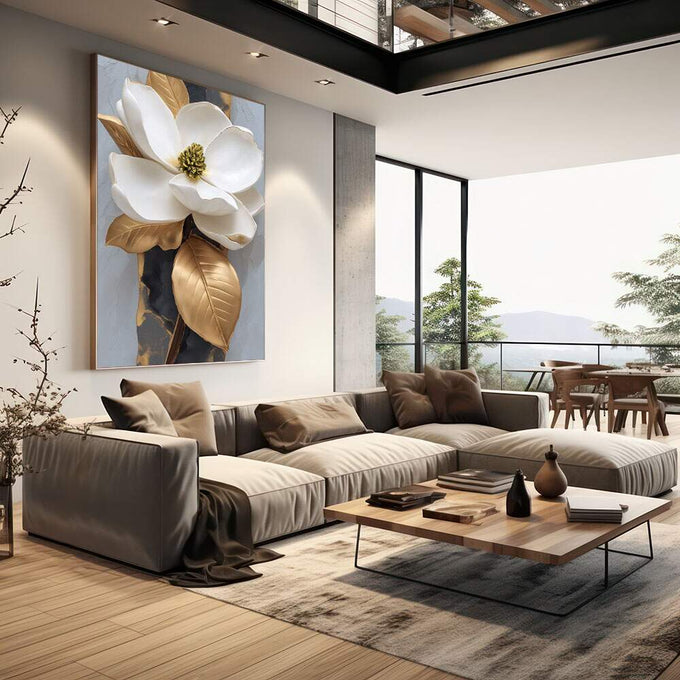 Elegância em Flor: Quadro Magnólia Dourada | quadros decorativos | Magnólia branca com pétalas delicadas e folhas douradas em composição realista vertical. | em Quadros para Escritorio | Porao dos Quadros