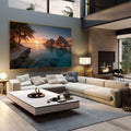 Quadro Decorativo Pôr do Sol Tropical | quadros decorativos | Pôr do sol tropical com cabanas flutuantes, palmas e reflexo dourado na água azul turquesa | em Quadros para Escritorio | Porao dos Quadros