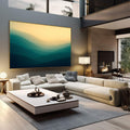 Quadro Decorativo Harmonia Minimalista Serena | quadros decorativos | Montanhas em camadas com tons azuis profundos e céu dourado ao amanhecer, composição minimalista abstrata | em Quadros para Escritorio | Porao dos Quadros