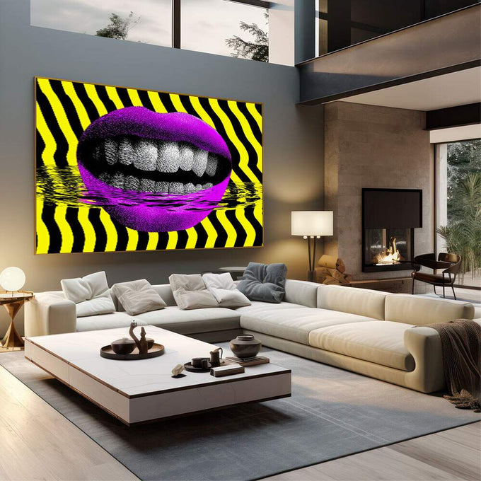 Quadro Decorativo Boca Vibrante | quadros decorativos | Boca rosa e magenta com padrão geométrico amarelo e preto em composição digital contemporânea | em Quadros para Escritorio | Porao dos Quadros