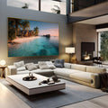 Praia tropical com bangalôs, palmeiras, píer e mar turquesa ao pôr do sol rosado, quadro decorativo