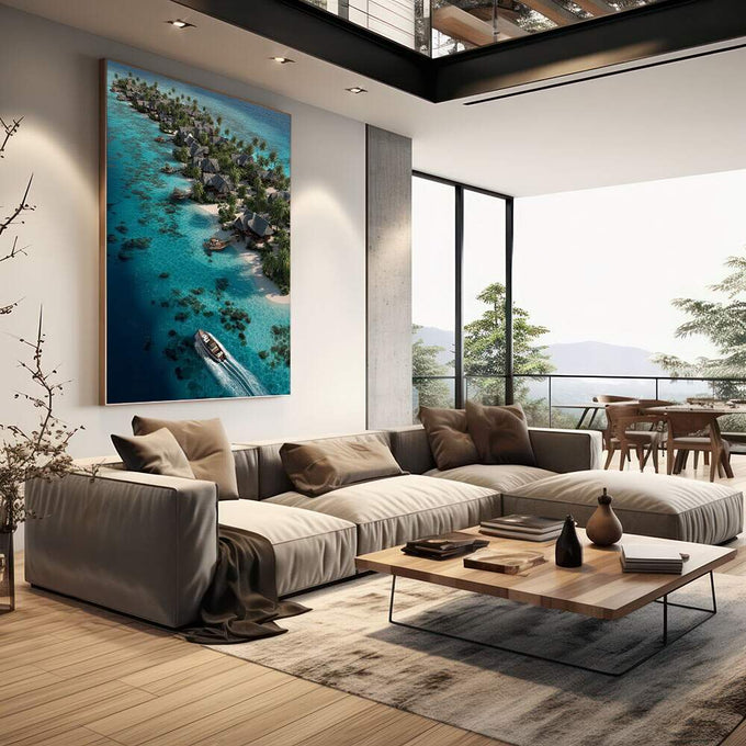 Quadro Decorativo Litoral Tropical Serene | quadros decorativos | Isla tropical com barcos em água azul turquesa vista aérea fotografia | em Quadros para Escritorio | Porao dos Quadros