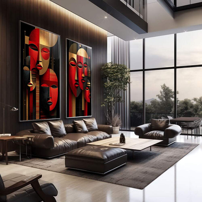 Quadro Decorativo Arte de Rostos Estilizados | quadros decorativos | Máscaras abstratas em vermelho e dourado com composição geométrica moderna e sofisticada | em Quadros para Escritorio | Porao dos Quadros