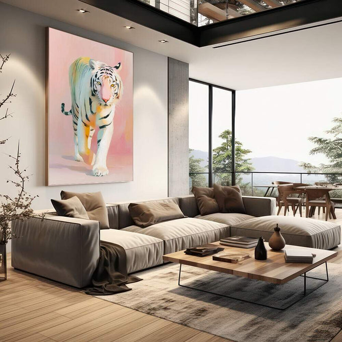 Quadro Decorativo Tigre Moderno | quadros decorativos | Tigre branco com aquarela rosa, azul e dourado em composição realista e abstrata. | em Quadros para Escritorio | Porao dos Quadros