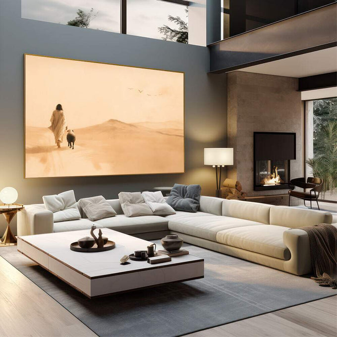 Quadro Decorativo Reflexões do Deserto | quadros decorativos | Mulher e cachorro caminhando no deserto em tons bege com luz quente e composição profunda | em Quadros para Escritorio | Porao dos Quadros