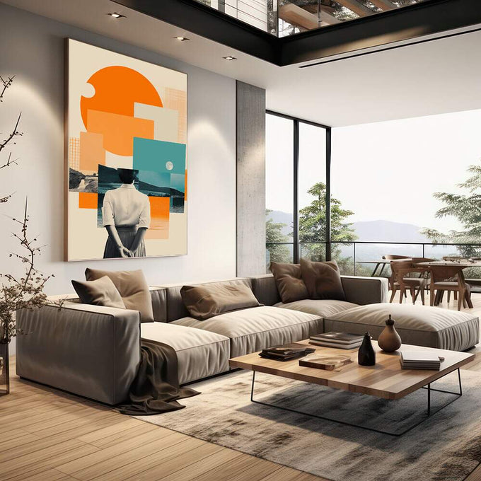Quadro Decorativo Reflexão Moderna Imagine-se | quadros decorativos | Mulher com cabeça envolvida em formas geométricas laranja e turquesa em colagem contemporânea. | em Quadros para Escritorio | Porao dos Quadros
