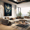 Quadro Decorativo Pomba da Liberdade Celestial | quadros decorativos | Pomba branca luminosa com asas radiantes em tons azuis profundos e luz celestial dourada | em Quadros para Escritorio | Porao dos Quadros