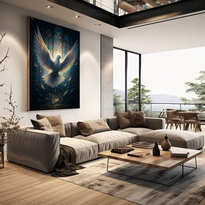 Quadro Decorativo Pomba da Liberdade Celestial | quadros decorativos | Pomba branca luminosa com asas radiantes em tons azuis profundos e luz celestial dourada | em Quadros para Escritorio | Porao dos Quadros