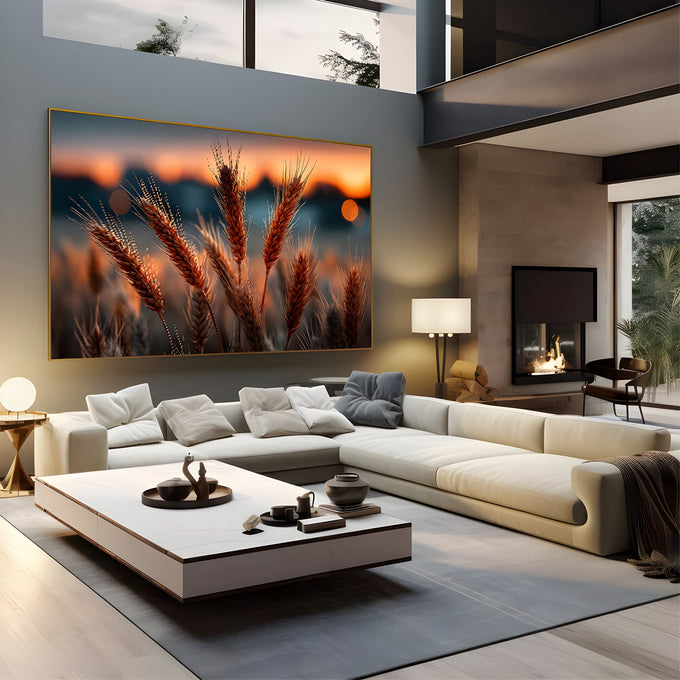 Espigas de trigo em contraluz com fundo desfocado laranja do pôr do sol, quadro decorativo
