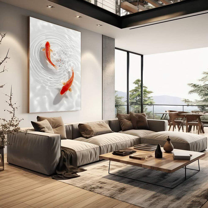 Quadro Decorativo Koi em Serenidade | quadros decorativos | Duas carpas vermelhas em padrão de ondas concêntricas brancas e cinzentas. | em Quadros para Escritorio | Porao dos Quadros