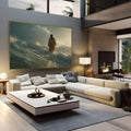 Jesus caminhando sobre ondas do mar em tempestade sob luz dourada, quadro decorativo