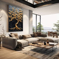 Quadro Decorativo Árvore Nobre Dourada | quadros decorativos | Árvore dourada com flores em galhos contra fundo preto texturizado com raízes ornamentadas | em Quadros para Escritorio | Porao dos Quadros