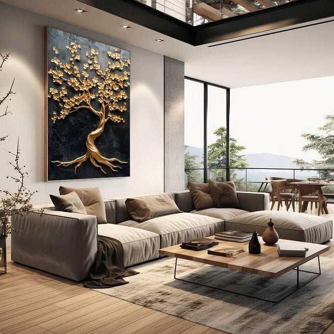 Quadro Decorativo Árvore Nobre Dourada | quadros decorativos | Árvore dourada com flores em galhos contra fundo preto texturizado com raízes ornamentadas | em Quadros para Escritorio | Porao dos Quadros