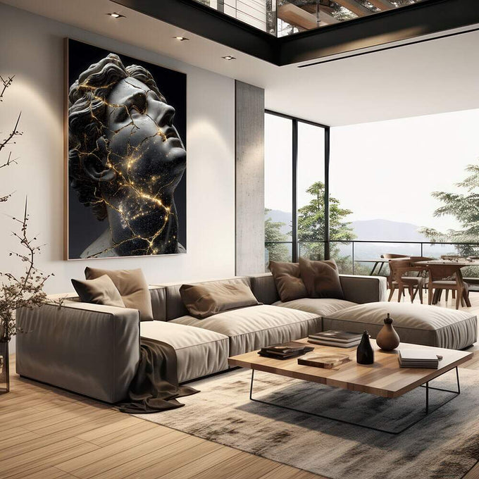 Quadro Decorativo Escultural Futurista | quadros decorativos | Busto clássico cinza com detalhes em ouro brilhante e iluminação dramática | em Quadros para Escritorio | Porao dos Quadros