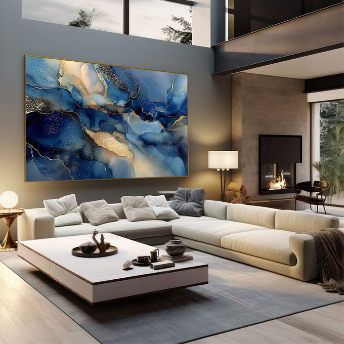 Quadro Decorativo Serenidade Azul | quadros decorativos | Abstrato fluido em azuis profundos com detalhes dourados e efeito líquido | em Quadros para Escritorio | Porao dos Quadros