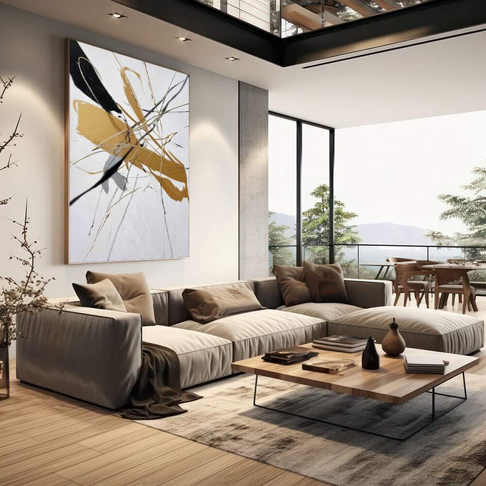 Quadro Decorativo Elegância Abstrata | quadros decorativos | Folhas em tons dourados com linhas abstratas e gestuais em composição dinâmica sobre fundo branco | em Quadros para Escritorio | Porao dos Quadros