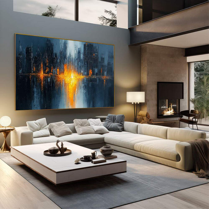 Quadro Decorativo Dualidade Urbana Abstrata | quadros decorativos | Cidade abstrata em azul profundo com explosão de luz dourada no centro, composição vertical. | em Quadros para Escritorio | Porao dos Quadros