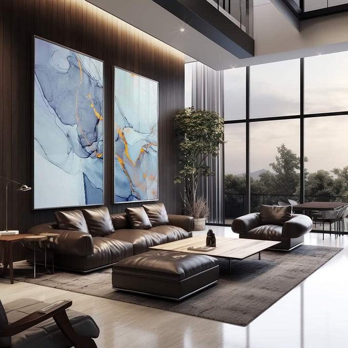 Quadro Decorativo Revela Sua Essência: Harmonia Azul e Amarelo | quadros decorativos | Díptico abstrato com tons de azul, roxo e dourado em composição fluida e delicada. | em Quadros para Escritorio | Porao dos Quadros