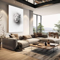 Quadro Decorativo Leão Monocromático | quadros decorativos | Leão branco em preto e branco com olhar profundo e juba volumosa | em Quadros para Escritorio | Porao dos Quadros