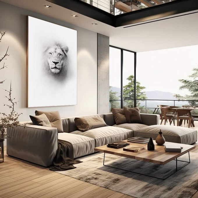 Quadro Decorativo Leão Monocromático | quadros decorativos | Leão branco em preto e branco com olhar profundo e juba volumosa | em Quadros para Escritorio | Porao dos Quadros