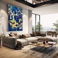 Quadro Decorativo Minimalista Azul e Vibrante | quadros decorativos | Composição abstrata com formas fluidas em dourado sobre fundo azul profundo e gestual | em Quadros para Escritorio | Porao dos Quadros