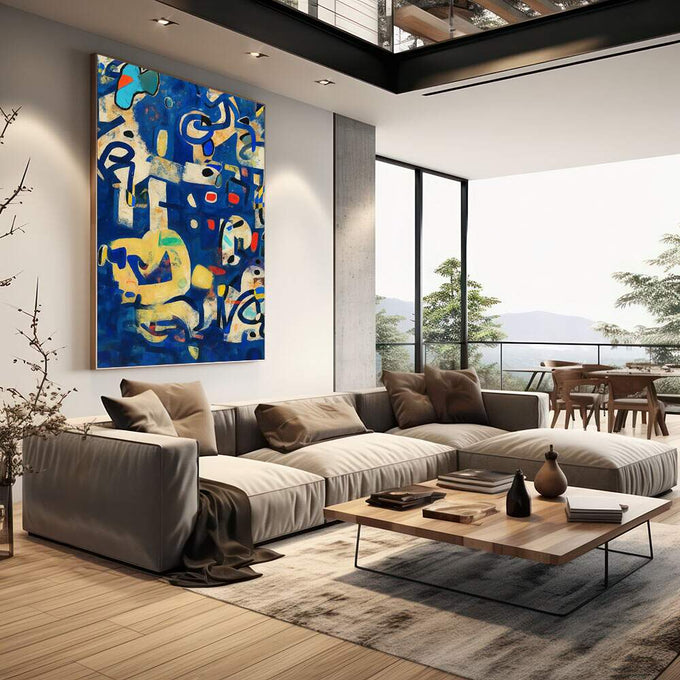 Quadro Decorativo Minimalista Azul e Vibrante | quadros decorativos | Composição abstrata com formas fluidas em dourado sobre fundo azul profundo e gestual | em Quadros para Escritorio | Porao dos Quadros