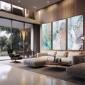 Quadro Decorativo: Explosão de Cores para Estímulo Visual | quadros decorativos | Triptela abstrata em aquarela com fluxos fluidos de azul, verde-menta e bege | em Quadros para Escritorio | Porao dos Quadros