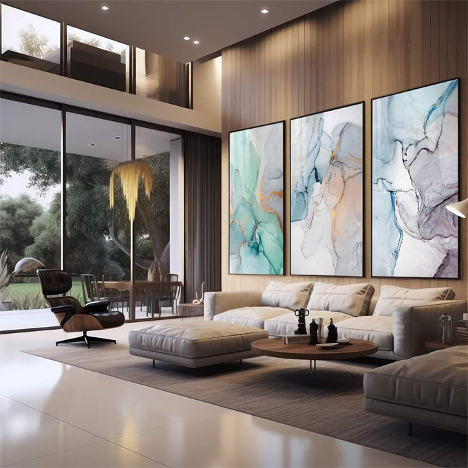 Quadro Decorativo: Explosão de Cores para Estímulo Visual | quadros decorativos | Triptela abstrata em aquarela com fluxos fluidos de azul, verde-menta e bege | em Quadros para Escritorio | Porao dos Quadros