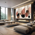 Quadro Decorativo Abstrato Tranquilidade | quadros decorativos | Composição triptíca abstrata com círculos em terracota, bege e preto com linhas geométricas delicadas. | em Quadros para Escritorio | Porao dos Quadros