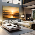 Pôr do sol dourado sobre o mar com ondas quebrando na areia da praia, quadro decorativo