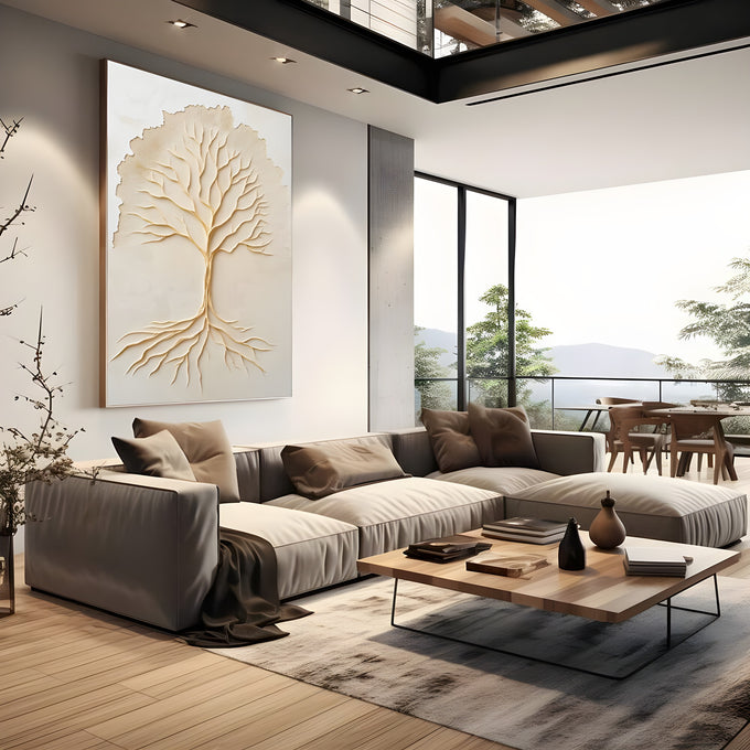 Árvore da vida com galhos e raízes em relevo creme sobre fundo bege texturizado, quadro decorativo