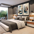 Quadro Decorativo Moderno Geometria Serene | quadros decorativos | Duas telas com formas geométricas abstratas em bege e azul com plantas delicadas. | em Quadros para Escritorio | Porao dos Quadros