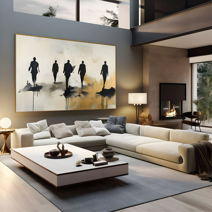 Silhuetas de homens caminhando em pintura abstrata branca com respingos preto e dourado, quadro decorativo