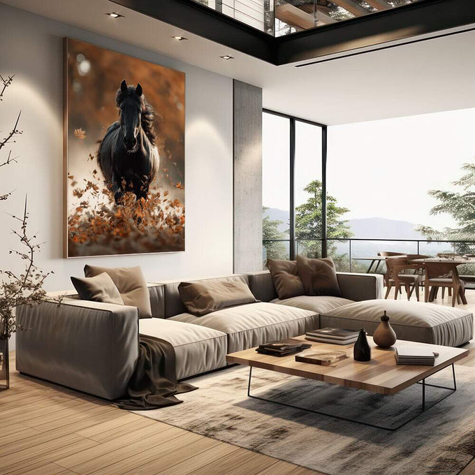 Quadro Decorativo Cavalo em Movimento | quadros decorativos | Cavalo preto majestoso em movimento com folhas secas douradas ao redor sob luz quente | em Quadros para Escritorio | Porao dos Quadros