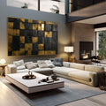 Quadro Decorativo Minimalista Preto e Dourado | quadros decorativos | Painel geométrico com quadrados alternados em dourado e preto com efeitos de luz e reflexo. | em Quadros para Escritorio | Porao dos Quadros