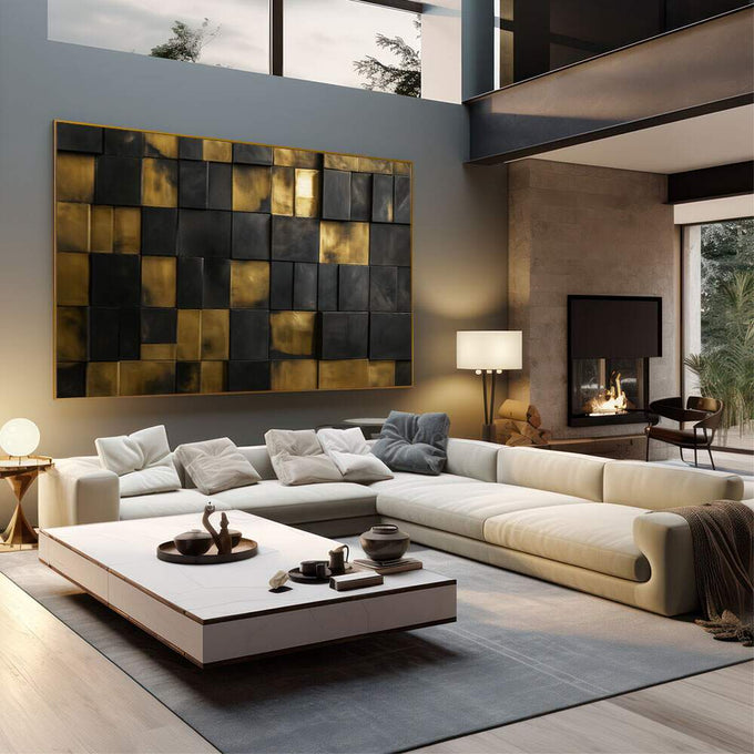 Quadro Decorativo Minimalista Preto e Dourado | quadros decorativos | Painel geométrico com quadrados alternados em dourado e preto com efeitos de luz e reflexo. | em Quadros para Escritorio | Porao dos Quadros