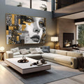 Quadro Decorativo Elegância Contemporânea | quadros decorativos | Rosto feminino em preto e branco com padrões geométricos dourados e abstratos ao redor em composição mista. | em Quadros para Escritorio | Porao dos Quadros