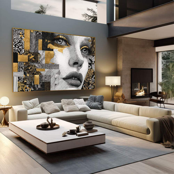 Quadro Decorativo Elegância Contemporânea | quadros decorativos | Rosto feminino em preto e branco com padrões geométricos dourados e abstratos ao redor em composição mista. | em Quadros para Escritorio | Porao dos Quadros