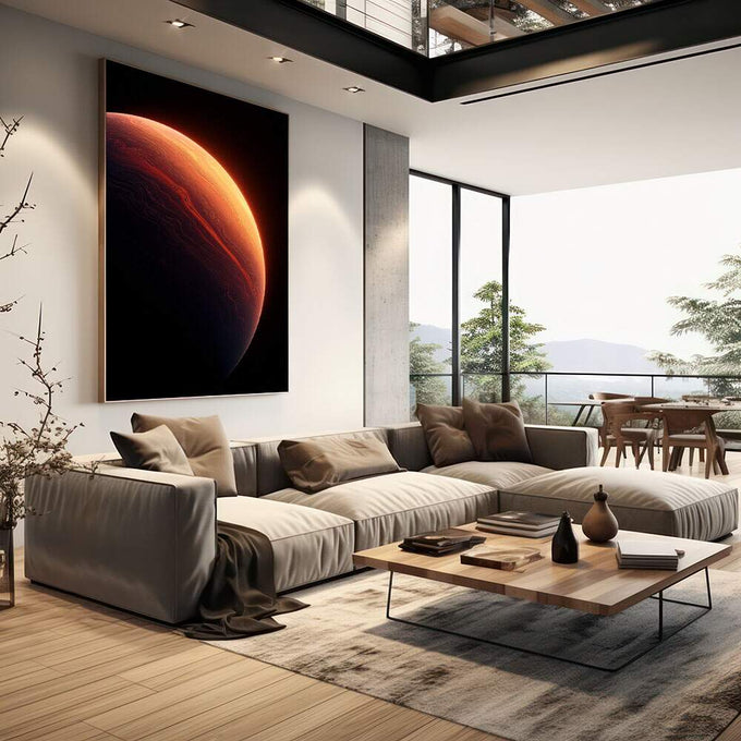 Quadro Decorativo Planeta Místico | quadros decorativos | Planeta incandescente em laranja e preto flutuando em espaço cósmico escuro. | em Quadros para Escritorio | Porao dos Quadros