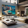 Pintura de praia com vila de casas brancas e rosas, barcos na areia e mar turquesa, quadro decorativo