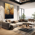 Quadro Decorativo Tronco de Esperança | quadros decorativos | Árvore seca com raízes profundas em tons de dourado e preto sobre fundo texturizado. | em Quadros para Escritorio | Porao dos Quadros