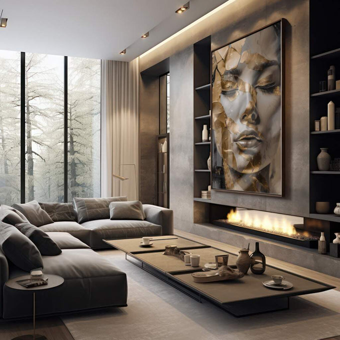 Quadro Decorativo Elegância em Ouro e Preto: Transforme Seu Espaço | quadros decorativos | Rosto feminino em branco com sobreposição de folhas douradas em composição artística | em Quadros para Escritorio | Porao dos Quadros