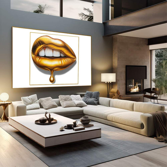Quadro Decorativo Lábios Dourados | quadros decorativos | Lábios em ouro líquido com dente branco em composição luxuosa e sofisticada | em Quadros para Escritorio | Porao dos Quadros